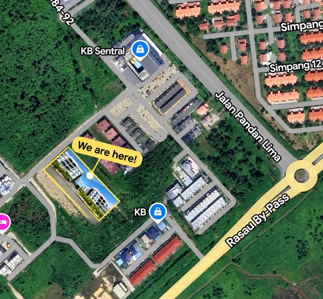 Aerial map with Palm Villa marked, near KB Sentral and the Rasau By-Pass